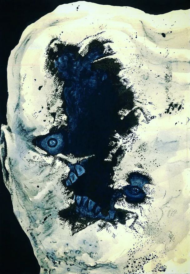 what could have been a normal head and face at some point.... now, misplaced eyes, parts of mangled teeth and jaws, and possibly ravaged brain matter are all that are recognizable at the edges of a gaping maw of darkness that seems like its hollowed out skull. a visible ear remains on the left side of the head. to the right, it is inexplicably extended somehow 