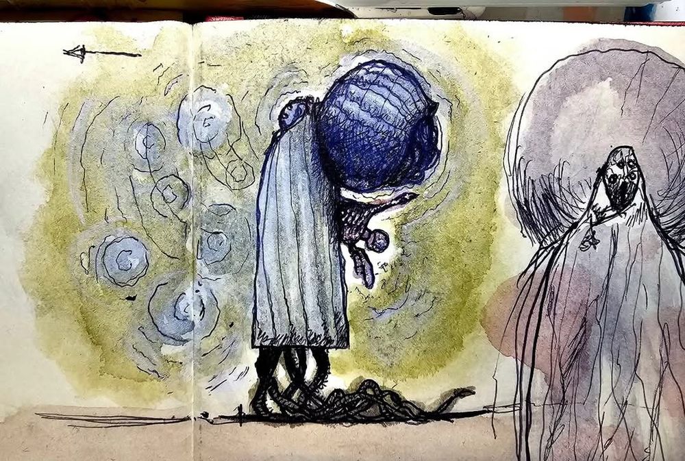 In profile: Tall, wide robed figure. Strange alien head head with 4 glinting symmetrically aligned eyes and a vertical mouth where the teeth come together horizontally. A bulbous orb hovers behind its head, and upon closer observation, it's actually the rest of its head. Almost like humanoid cephalopod using psychokinesis to carry its large head are outside of fluid ocean or low gravity.
Visual distortions hover in front of the figure, distorting space in the space they take up (Probably more psychokinesis, and I suspect you shouldnt... anger it)