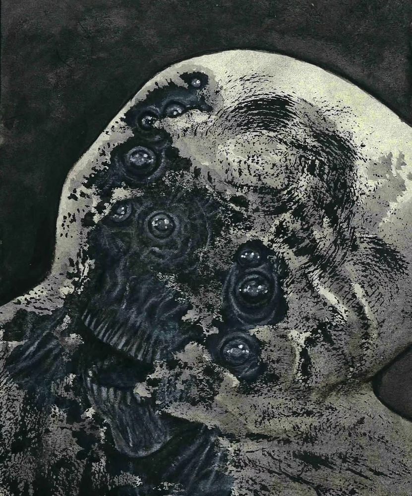 Bulbous headed humanoid with Too Many Eyes (😱) and open toothy mouth gazing at viewer