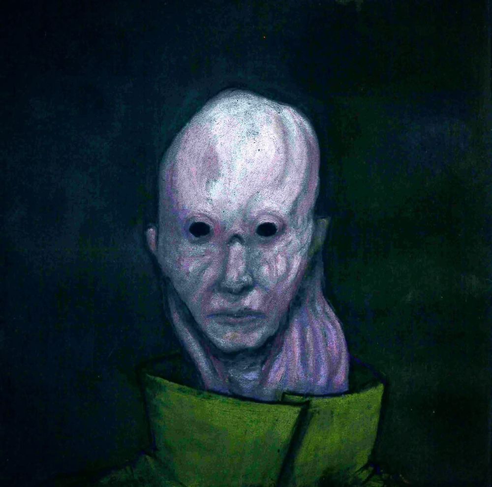 Above TBI upturned (green) overcoat caller:

Human-like face, but pale and purplish flesh make up the eyeless head, face, and overlong, warped and twisting stalk of neck