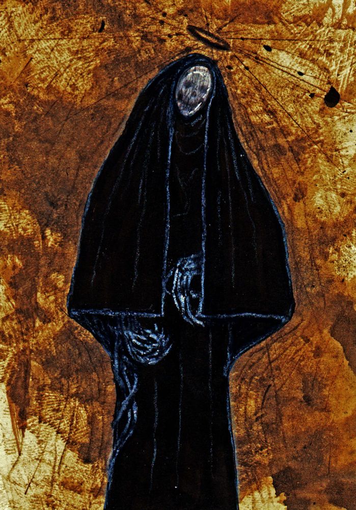 black-robed, tall figure. gnarled, misshapen hands and a jumble of organic cords drape down. glass-encased skeletal face. black halo that emits black light beams floats over head.
