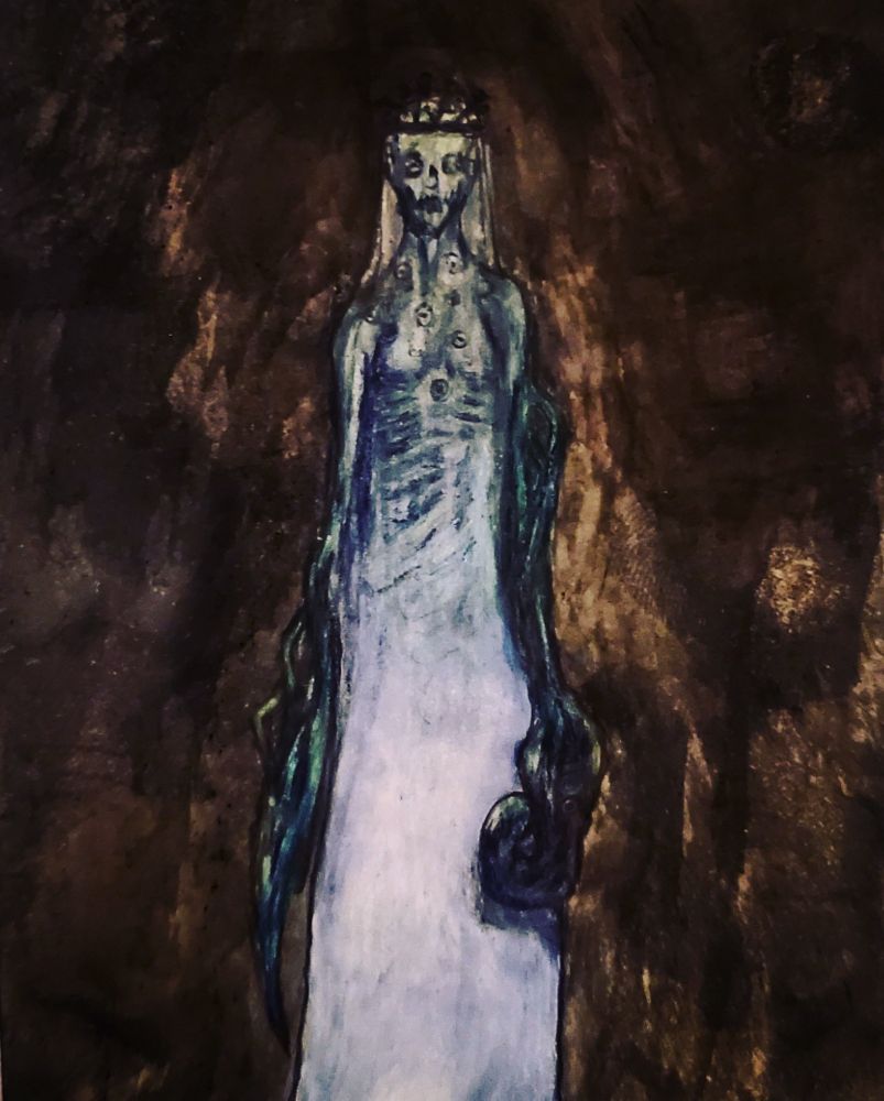 Esthur—Witch Queen of Ghost-rotted Marposa

Tall, decaying female form wearing a simple wreathed crown of black ivy leaves and pearlescent berries that resemble eyes and a translucent burial shroud.
he arms are amorphous and horrifically warped, and there are eyes all over her body, neck, and face that glare at the viewer. her face is decayed and her once-natural eyes are shut like a mummy's, and her face is translucent, a rictus grin visible through her lower face skin, muscles, and lips.

[dark earth tone bg; pale blue shroud and dark blue-greenish flesh]   