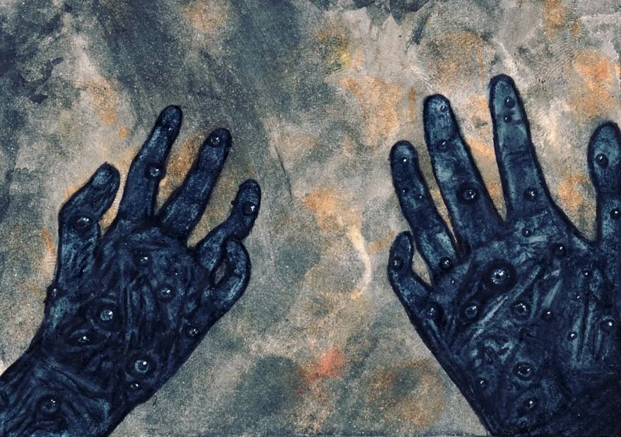 FPV: someone looking down at their hands—but they've become dark and strange and covered in tiny eyes that are staring back at them/the viewer