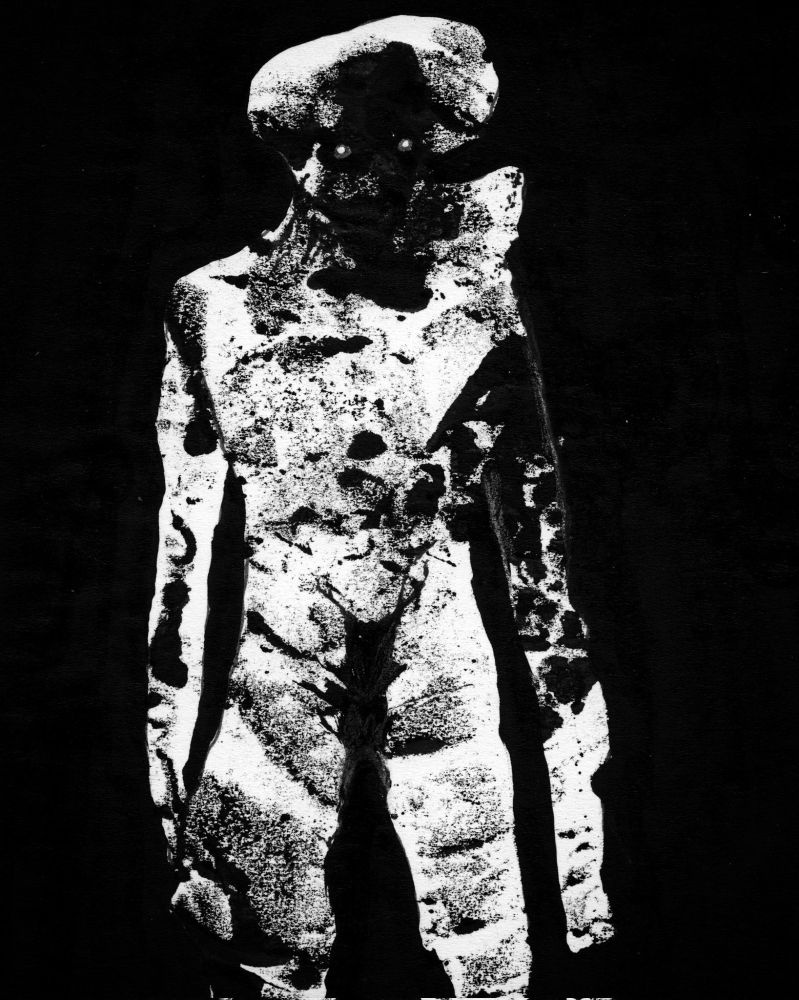 strangely shaped humanoid in stark b&w, with glowing eyes glaring in the shadows over its barely suggested face