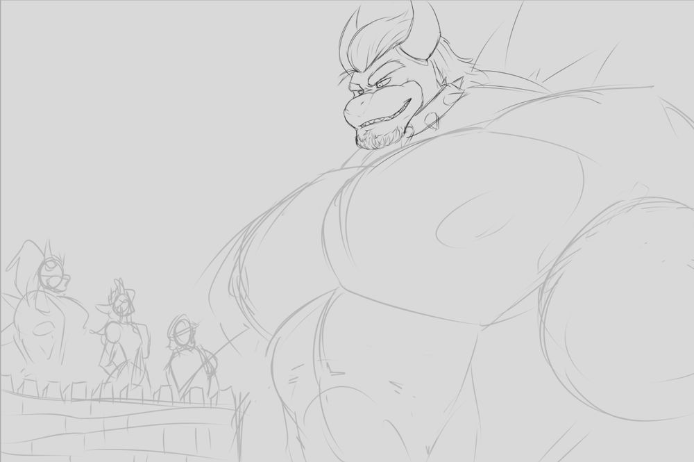 A sketch of Bower (made buffer) towering over the silhouettes of Mario, Peach, and Bowser Jr.