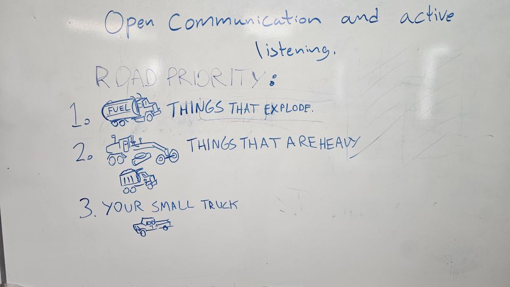 Whiteboard doodles in blue with a numbered bullet list labeled "Road Priority: 1. Things that explode,2. Things that are heavy, 3. Your small truck."

Each number has a doodle, 1. A fuel truck, 2. A grader and dump truck, 3. A pickup truck 