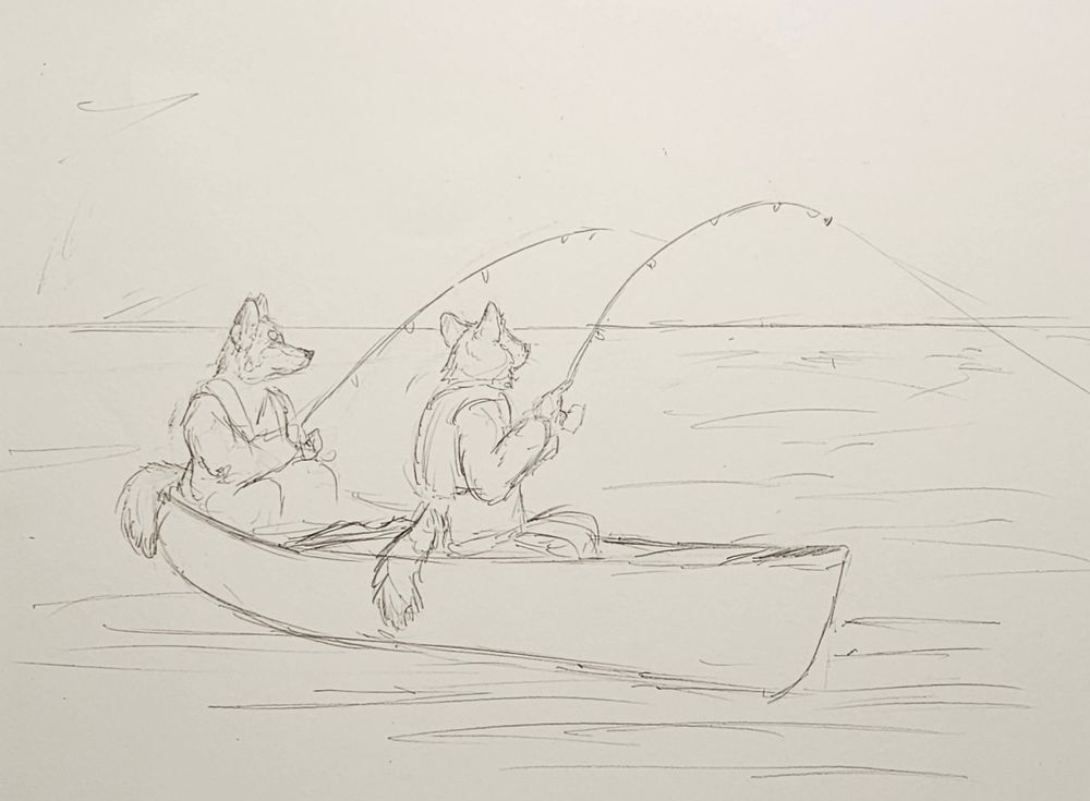 Simple sketch of a pair of anthro canids sitting in a tandem canoe, the canoe's starboard side facing the viewer. The canid characters are facing right, each holding a fishing rod, their tails overhanging the side of the canoe. There are light suggestions of ripples on the water and a horizon line