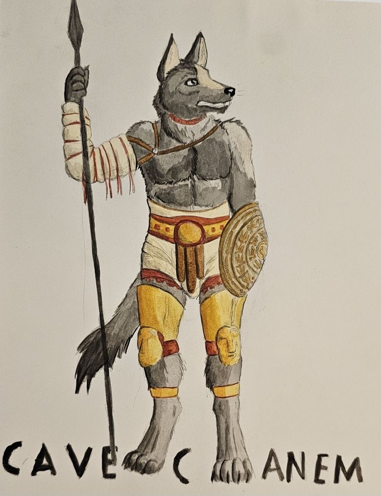 Traditional painted art of an anthro dog gladiator holding a spear and looking to the side with a slight snarl