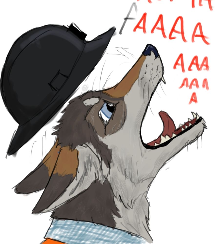 A digital headshot of an anthro coyote yelling at the sky, his hardhat flying off
