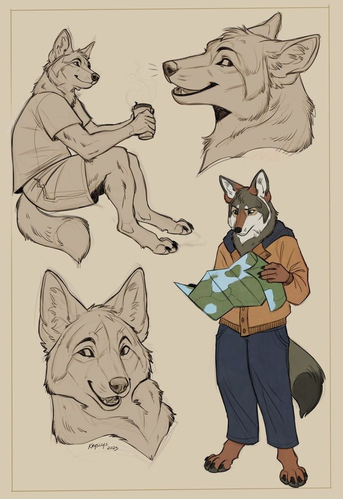 Digital sheet of an anthro coyote by Krysiilys, two headshots and two full bodies, depicting him reading a map and sitting