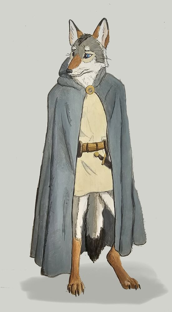 Acrylic painted image of an anthro coyote man standing in a cloak, with a belt and tunic on. He is looking to the left. 