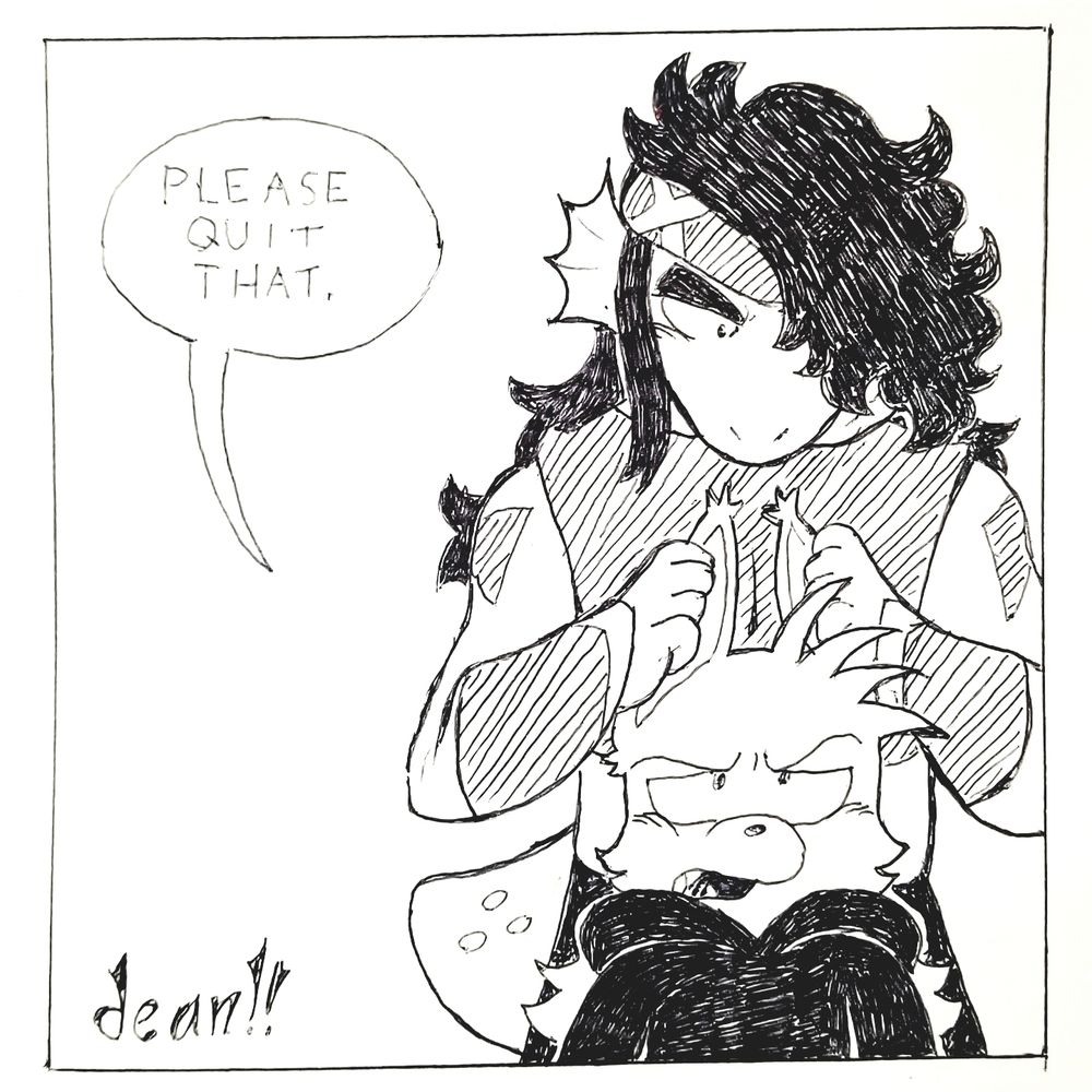 a drawing of azuma holding up yamaneko's big, floppy ears curiously. yamaneko looks mildly irritated by this.
"please quit that."