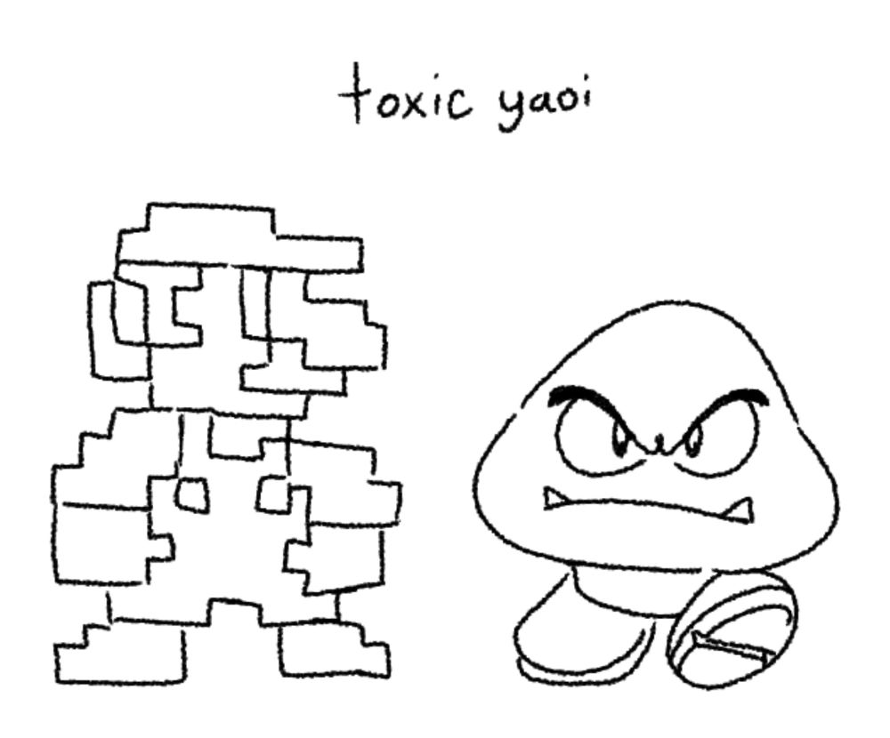 a drawing of 8 bit mario and a not 8 bit goomba. it is captioned with "toxic yaoi"