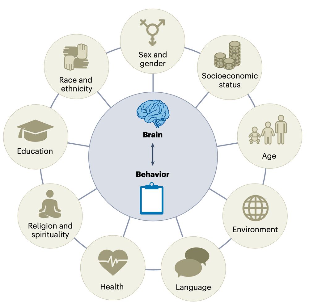 Visual highlighting how sociodemographic identities influence brain, behavior, and brain-behavior relationships. 
Figure caption: key goal of research in the brain sciences is to capture relationships between the brain and behavior. When studying these brain–behavior relationships, it is crucial to recognize that sociodemographic factors, such as sex, gender, race, ethnicity, education, religion, spirituality, health, language, environment, age and socioeconomic status (among others), can independently and interdependently influence these reciprocal associations.