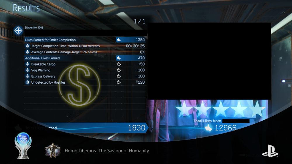 (Death Stranding 2: On the Beach - PS5)

The results screen of a lengthy express delivery mission which was the last thing required to get the Platinum trophy "Homo Liberans: The Saviour of Humanity"

The results screen shows a rank S (Target Completion Time: Within 45 minutes). The clients and the name of the mission has been roughly redacted with black boxes to avoid spoilers for those who have not reached this far in the game.
