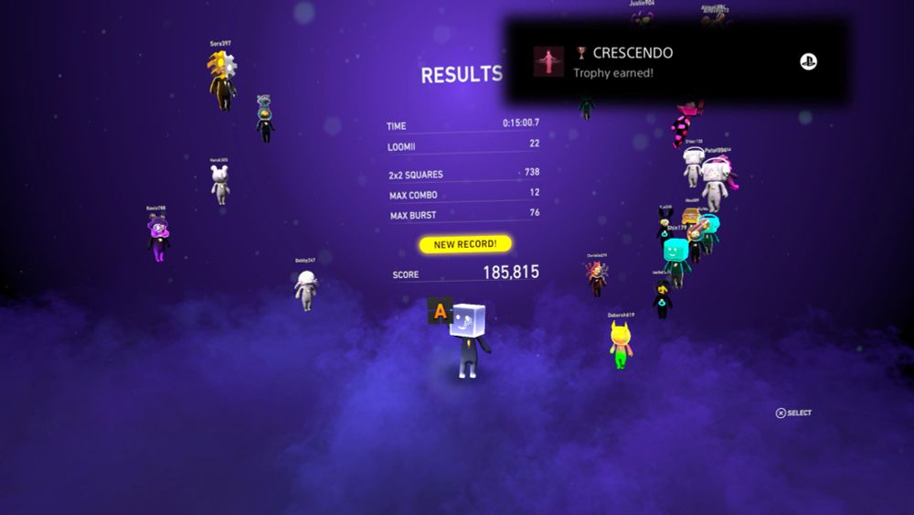 Lumines Arise screenshot of an A ranking on a results screen, and a bronze trophy earned notification 