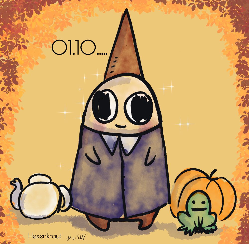 einfache zeichnung von kleinem Gnom mit großen Augen, einen kleinem Kragen und hohen spitzen Gnom Hut,  sowie einem blauen Mantel. Gnom lächelt. eine Teekanne Kürbis und Frosch stehen neben ihm; ein Laub Rahmen umgibt das Bild. Es ist eine Anspielung auf " Over the Garden Wall" eine Zeichentrickserie, die im Herbst spielt.  auf dem Bild steht 1.10