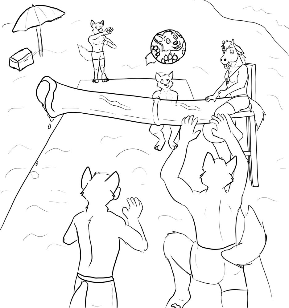 Volleyball scene with a very hyper cocked horse serving as the net. And a balled up fox as the ball.