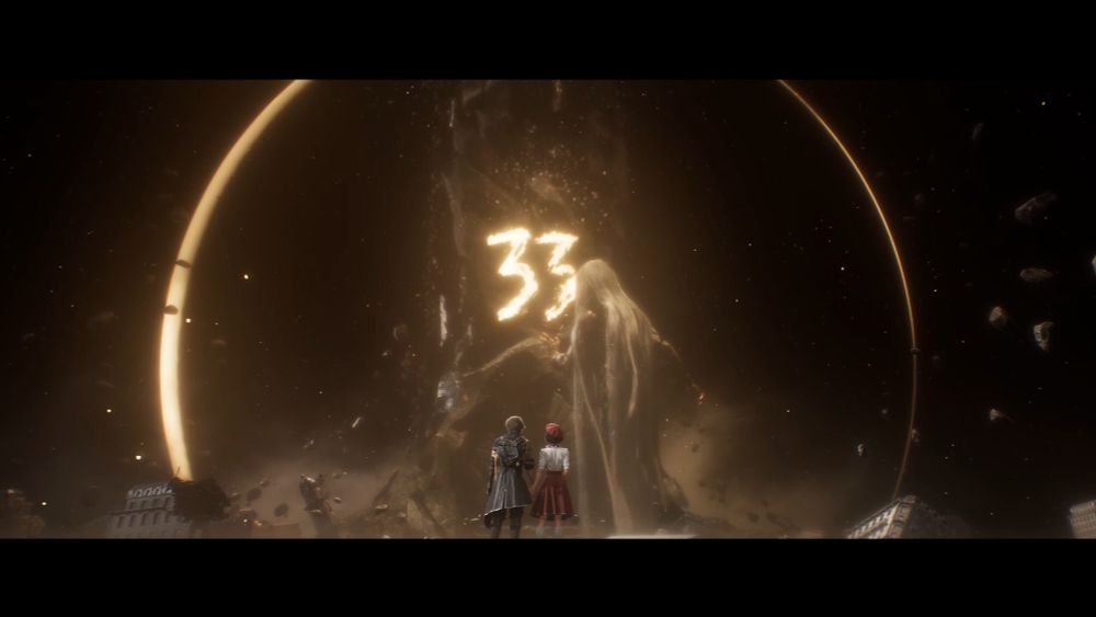 gustave and sophie still holding hands and looking at the monolith as the paintress (a massive goddess) changes the 34 to a 33