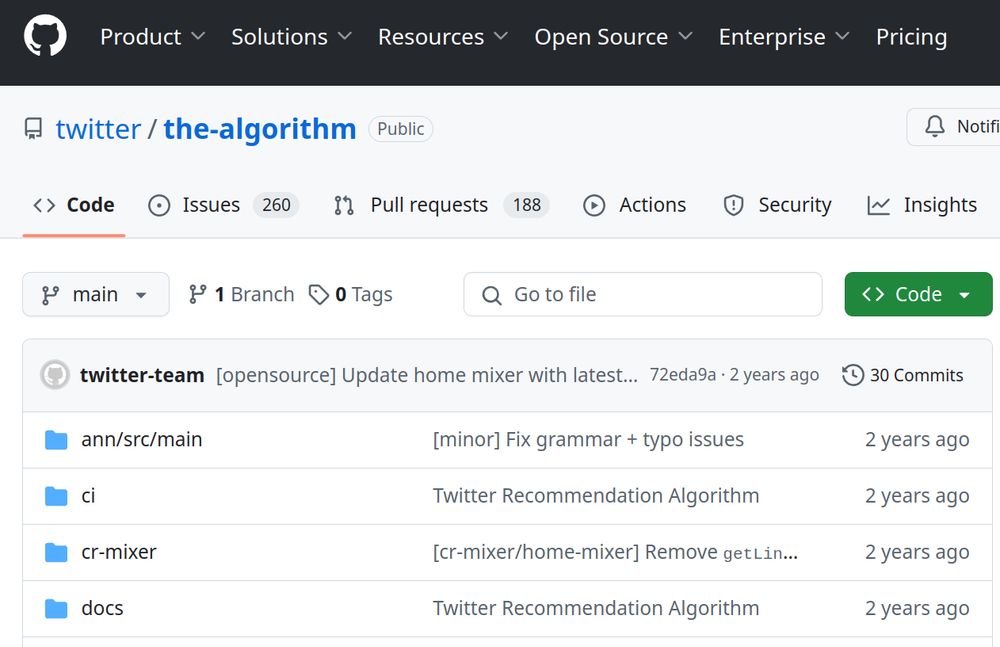 GitHub page showing Twitter's 2 year old "algorithm" code which was never complete