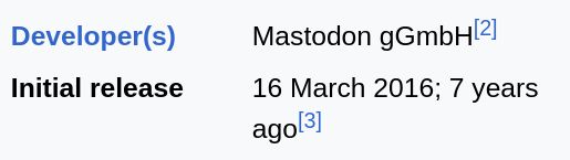 Mastodon Wikipedia screenshot

"Developer(s)	Mastodon gGmbH
Initial release	16 March 2016; 7 years ago"
