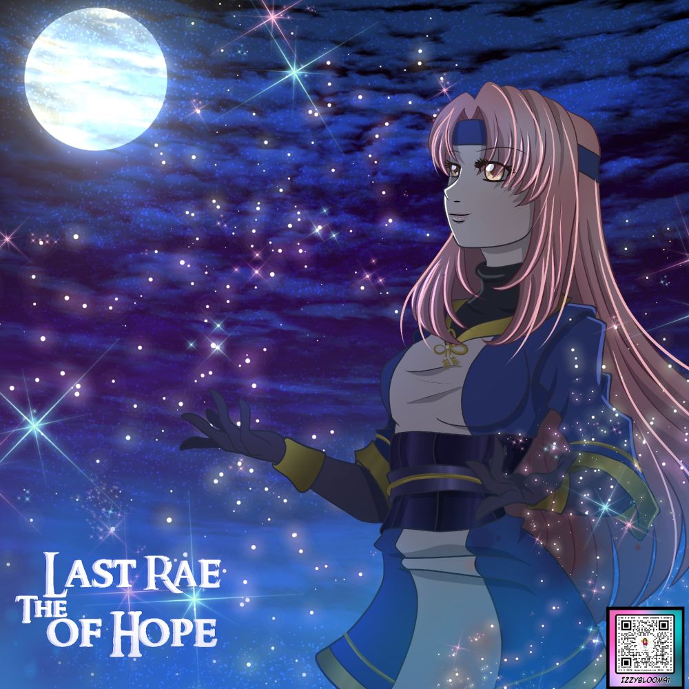 Rae, the main character of the Last Rae of Hope, stands below a full moon and sparkling night sky, her long pink hair billowing in the wind.