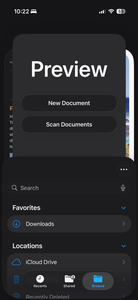 Bottom layer has buttons New Document. Middle layer is a scrollable list of locations. Top layer is icons to choose different things for the middle layer???