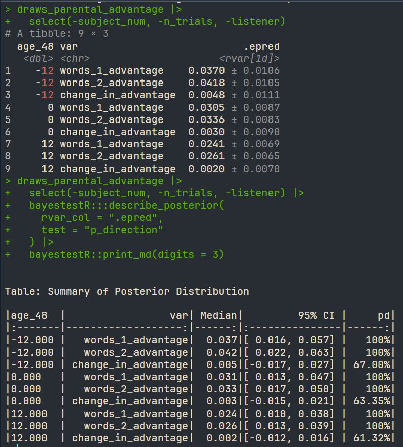 screenshot showing the row dataframe with a column of rvars and the markdown-formatted-table output of describe_posterior() + print_md()