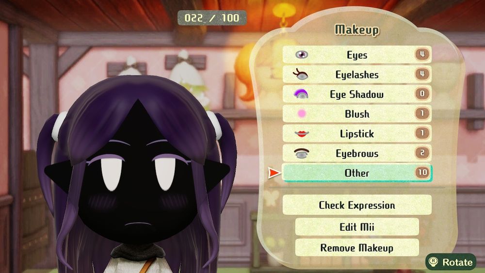 The character "Nil" from the visual novel game "her tears were my light", recreated in the Miitopia Makeup menu.