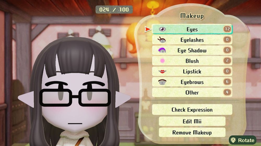 The character "Time" from the visual novel game "her tears were my light", recreated in the Miitopia Makeup menu.