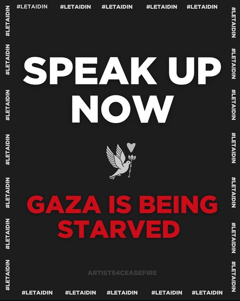 Poster on a black background with a white illustration of a bird holding a flower with a heart and white headline: SPEAK UP NOW. Under it in red writing: GAZA IS BRING STARVED. There is a border made up of the following hashtag repeated: #LETAIDIN 