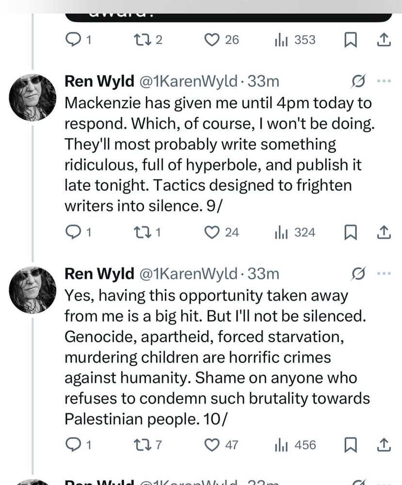 Social post from Ren Wyld with details of being told her award was rescinded 