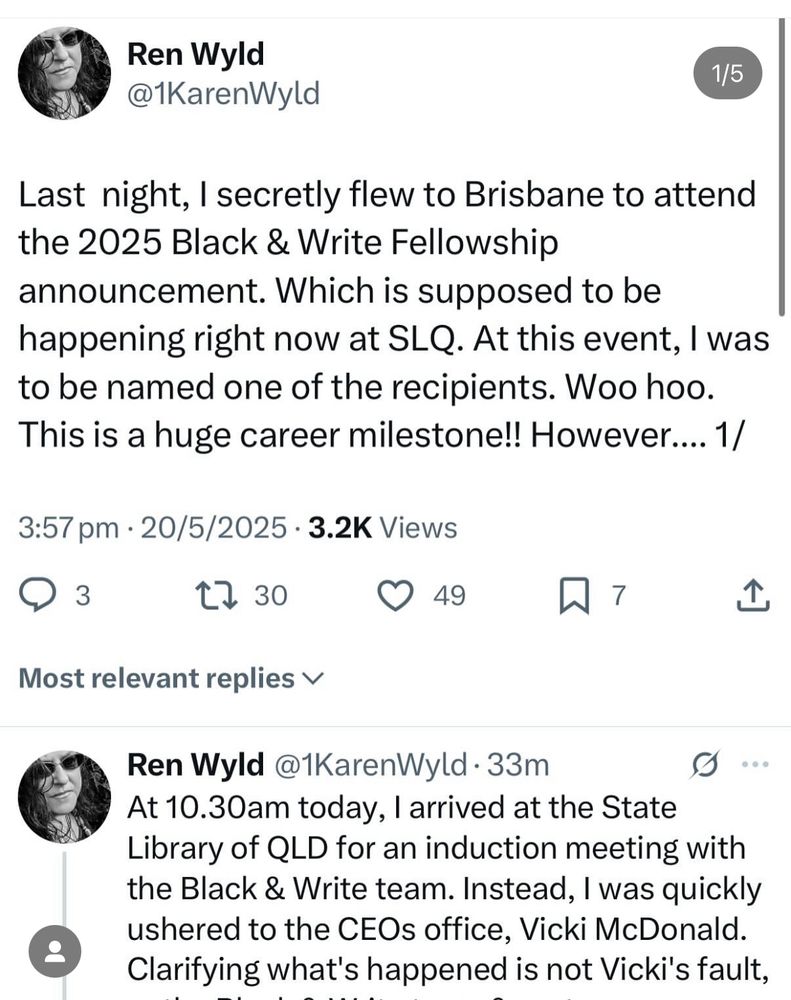 Social post from Ren Wyld with details of being told her award was rescinded 