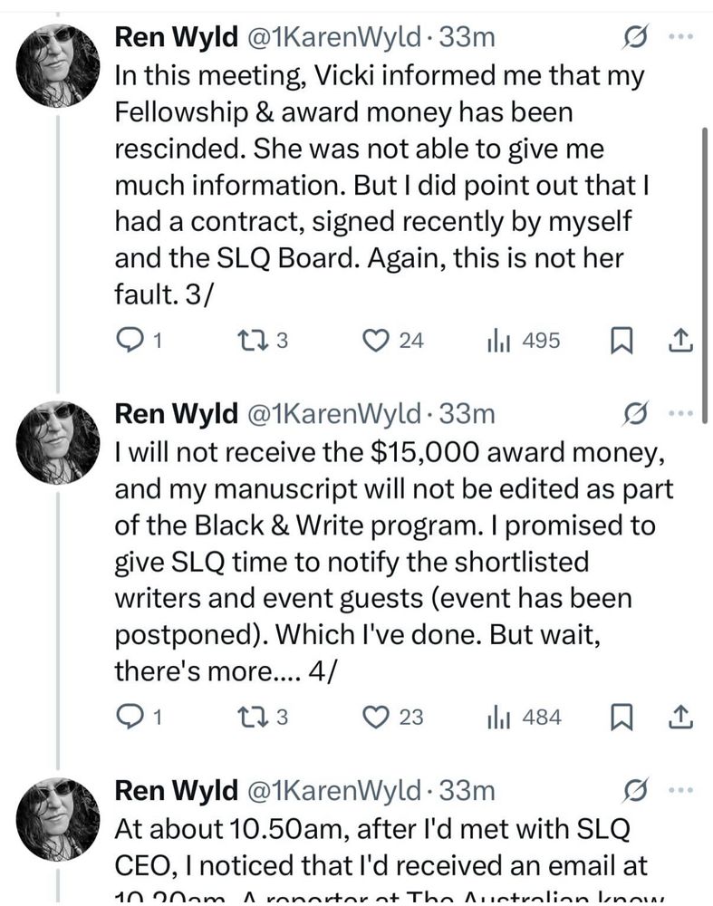 Social post from Ren Wyld with details of being told her award was rescinded 