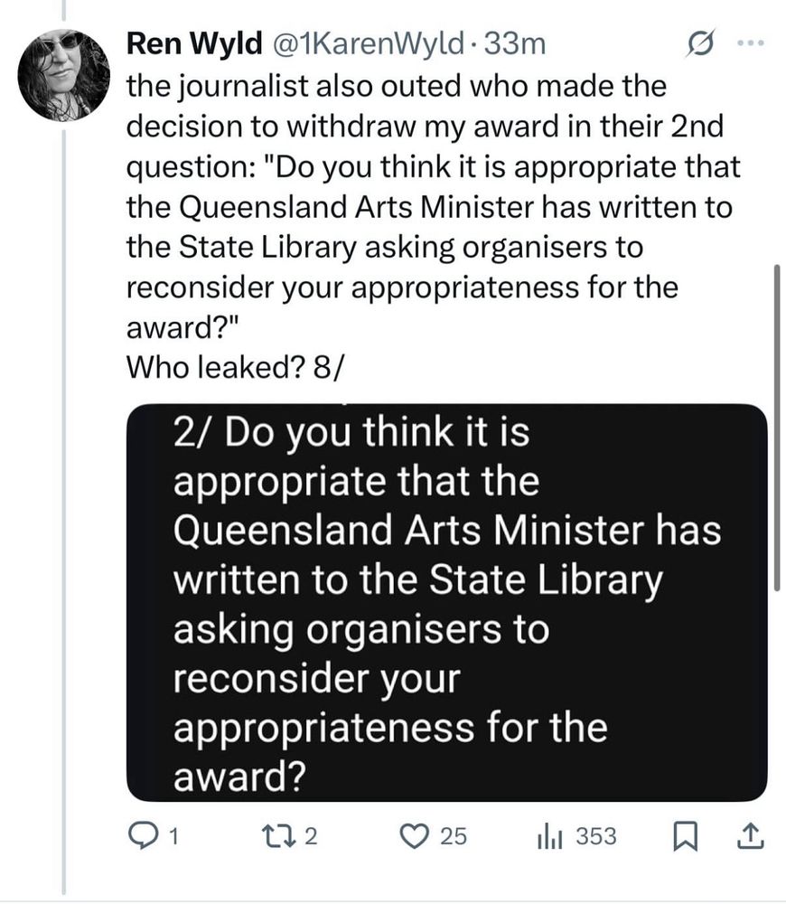 Social post from Ren Wyld with details of being told her award was rescinded, including an email from a journo at The Australian sent 20 minutes before she was told. 
