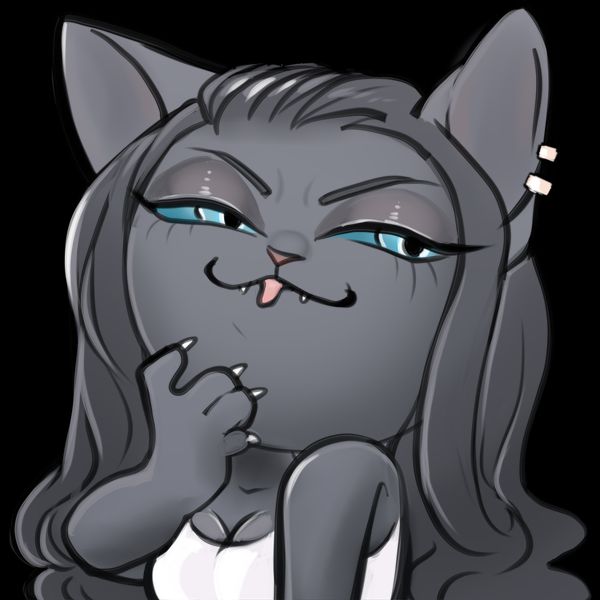 a grey anthropomorphic cat smirking deviously