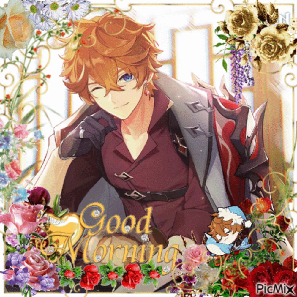 a picture of a anime character with the words good morning surrounded by flowers