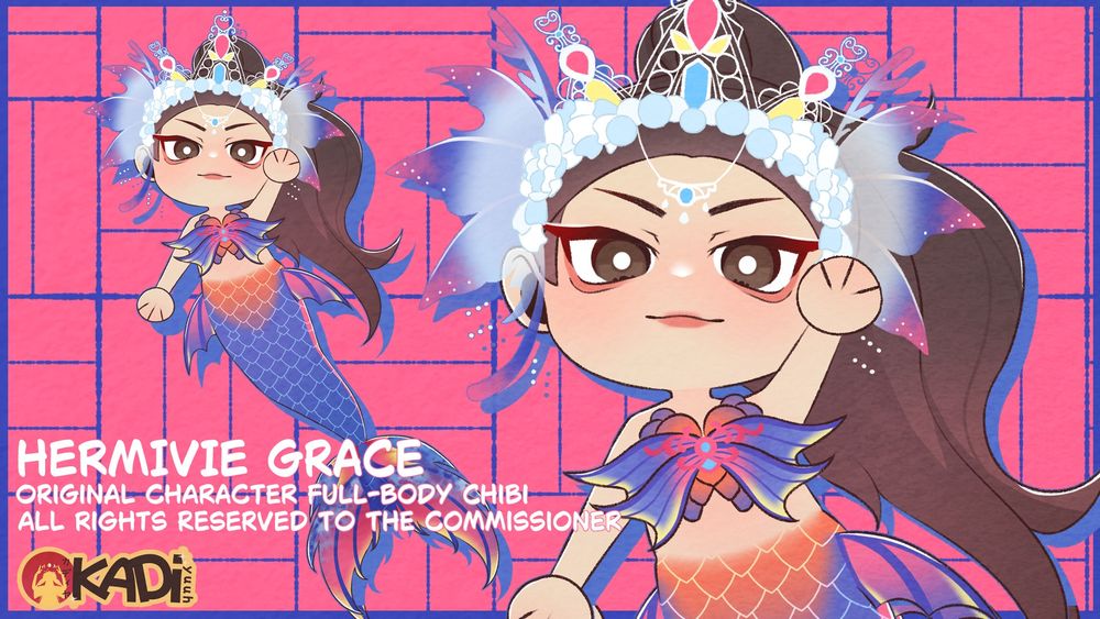 Original Character Chibi Full-Body Commission for Hermivie Grace | Pink Blue Orange Mermaid.
