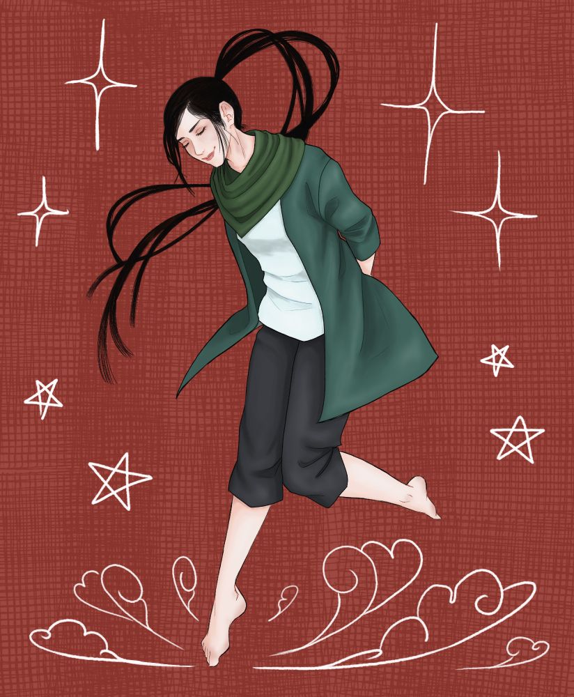 Same character drawn in a floaty pose and brighter colors