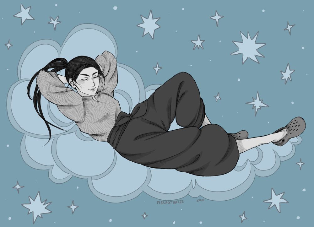 Someone/Anonymous from Our Dreams at Dusk, resting on a cloud and looking peaceful