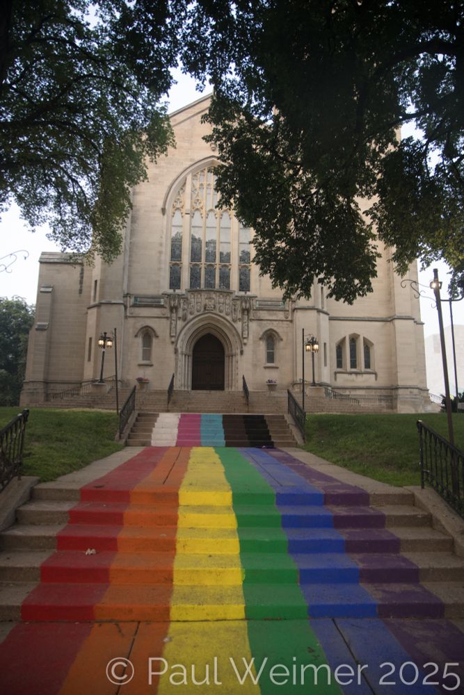 rainbow colored staircase to St Mark's church,