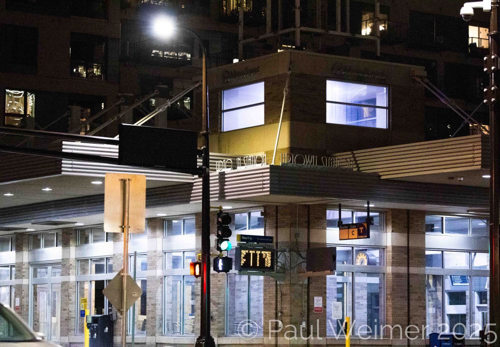 Art Deco style Bus station at night