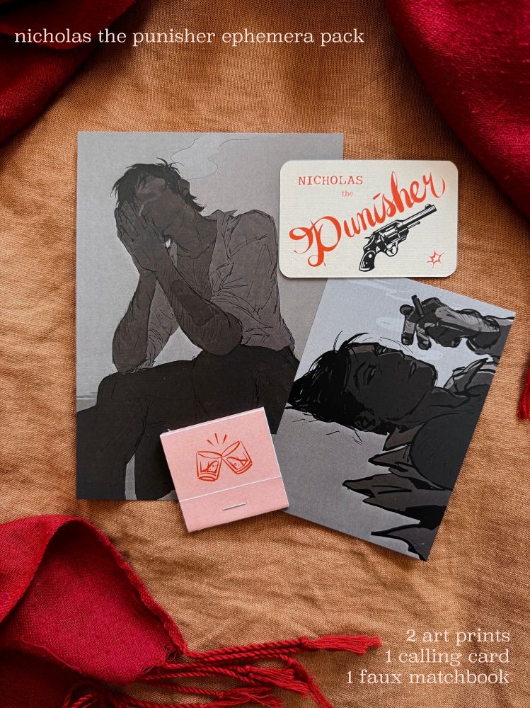 two greyscale prints of wolfwood smoking, one textured creme calling card that reads "nicholas the punisher" and has an illustration of a colt handgun, and one pink faux matchbook with a red illustration of two shot glasses clinking together