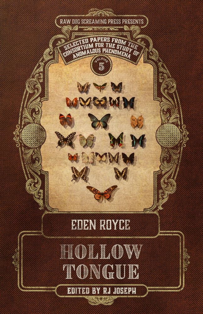 Cover art of the novella Hollow Tongue. Brown background with a beige center covered in variously patterned butterflies perched in a skull pattern. 