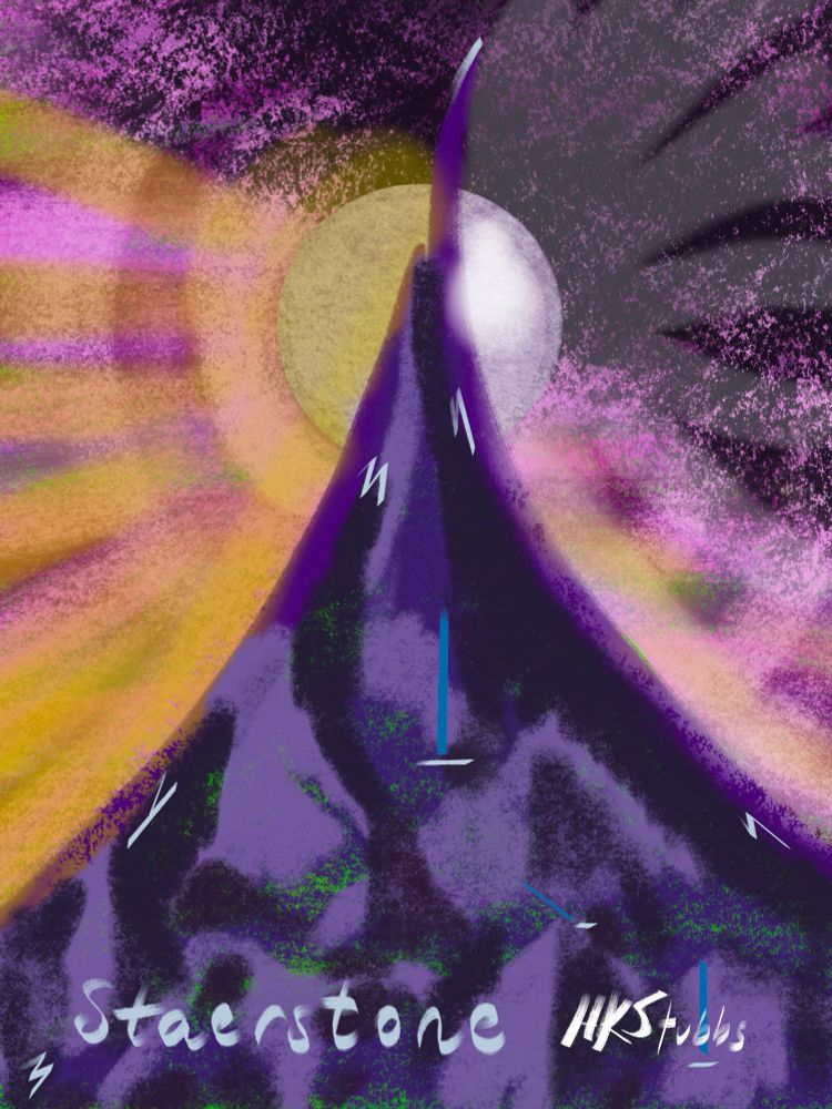 An abstract purple mountain with symbolic rivers, a moon/sun in the background, a pinkish sky with darkness, as well as yellow and white light. Concept art related to the novel, Staerstone, by HK Stubbs, coming in 2026. 
I set out to draw a fantasy mountain and ended up thinking about how when I go into the mountains, it’s an honest experience. What you can and can’t do is right there, laid out clearly. Which is pretty cool. But the mountain keeps its secrets, if it wants to. And some things you don’t want to know… like how heavy that teetering rock is. How hard it would fall. 

Sometimes the mountain is so full of water, the rock seeps for weeks. Imagine. The flow of water within rock fascinates me. 