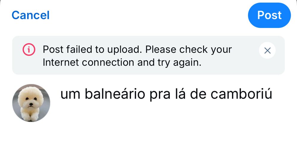 print do meu bluesky com o post "um balneário pra lá de camboriú" e o erro "post failed to upload"