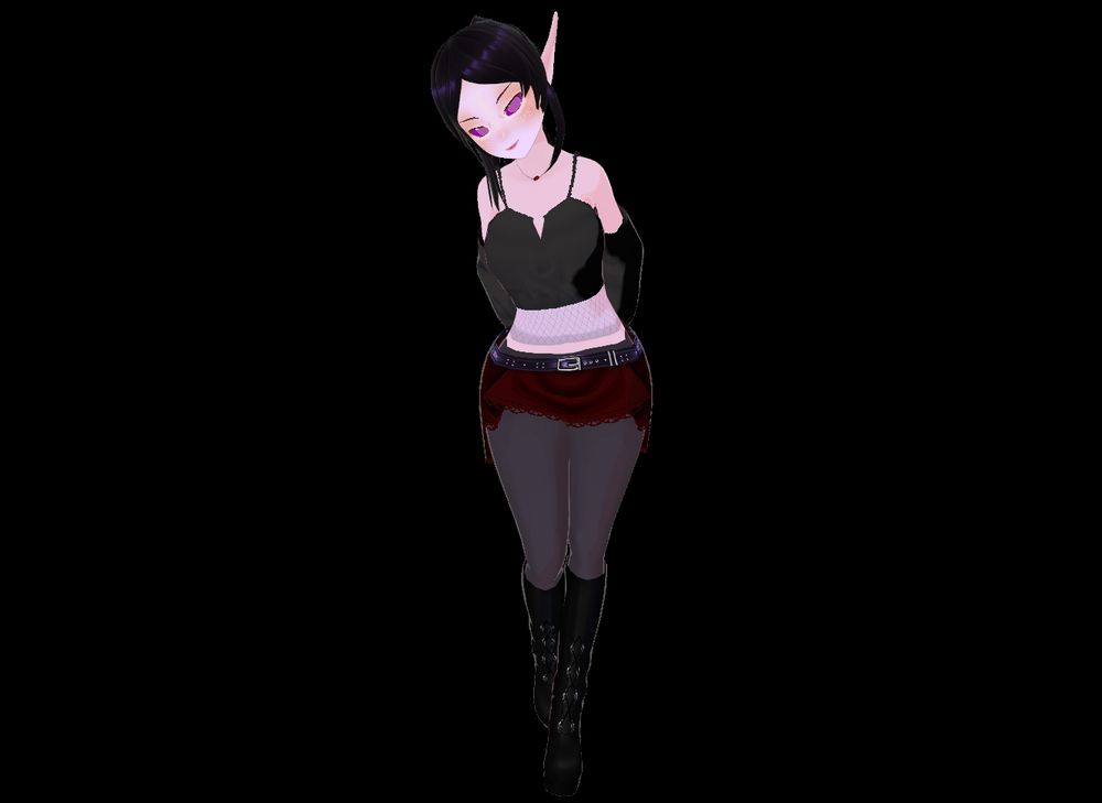 A small lavender fae with long violet-black hair ties in a ponytail with long bangs framing her face.
She is wearing a shoulderless black crop top, a red asymmetric plaid skirt, black tights, and knee-high black boots.