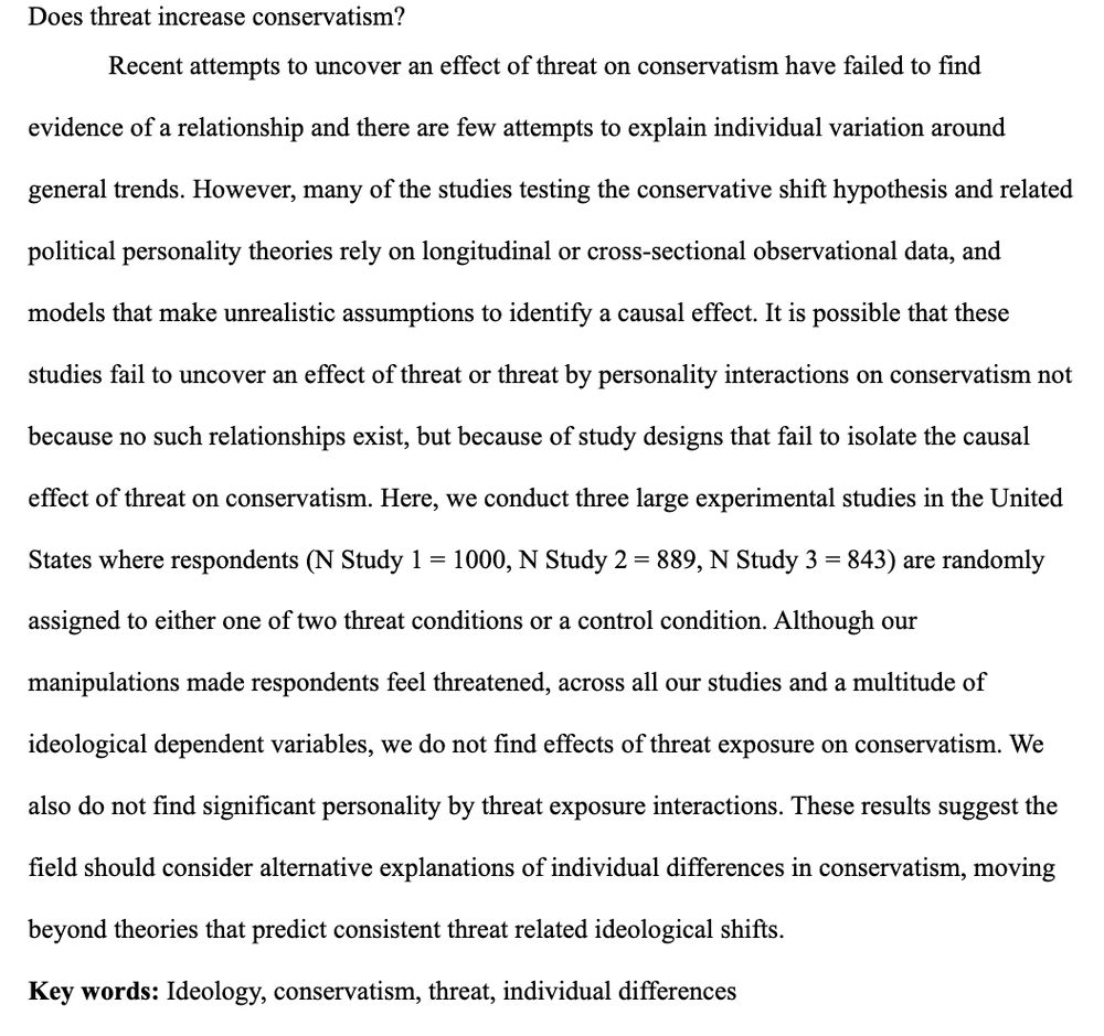 Screenshot of study abstract titled “Does threat increase conservatism?” summarizing three large U.S. experiments (Ns = 1000, 889, 843) testing threat effects on ideology. Despite successful threat manipulations, no effects are found on conservatism or personality × threat interactions. Concludes field should move beyond threat-based explanations.
