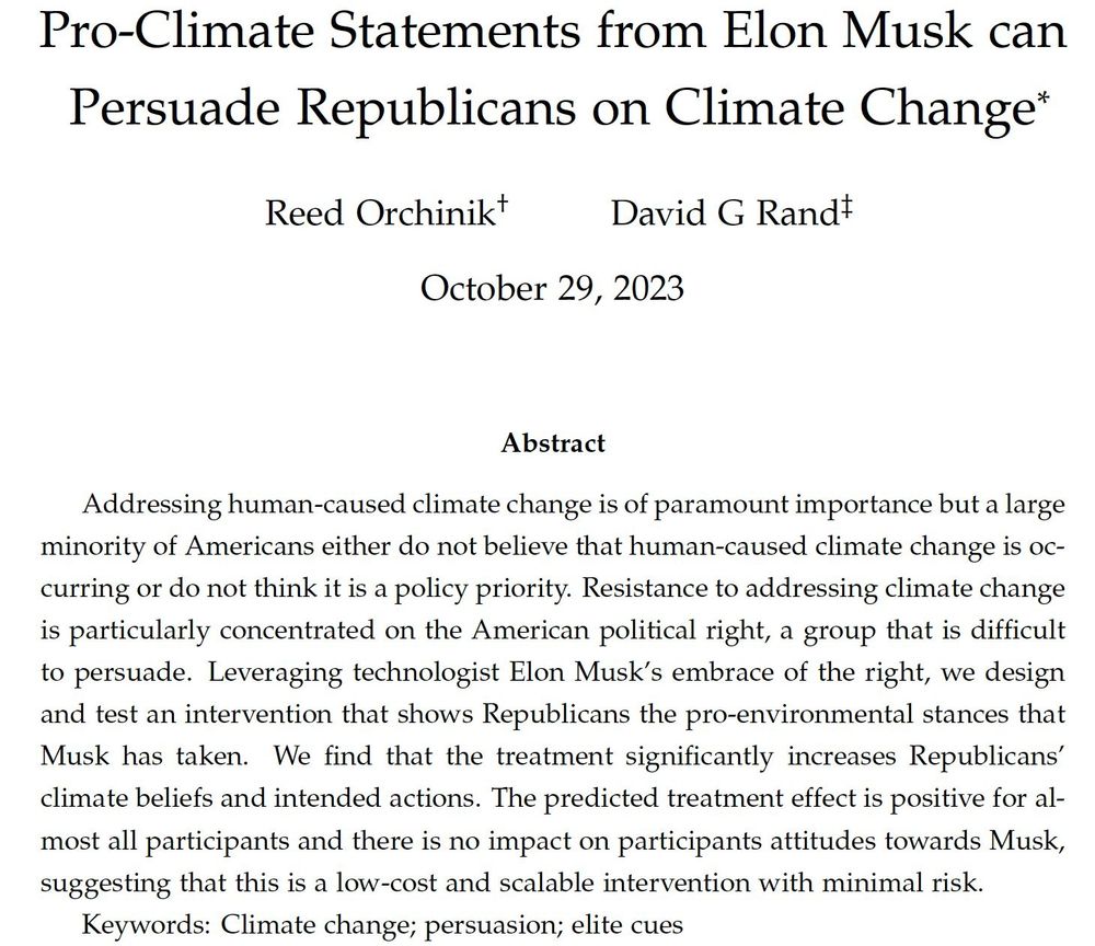 Pro-Climate Statements from Elon Musk can
Persuade Republicans on Climate Change
Reed Orchinik David G Rand