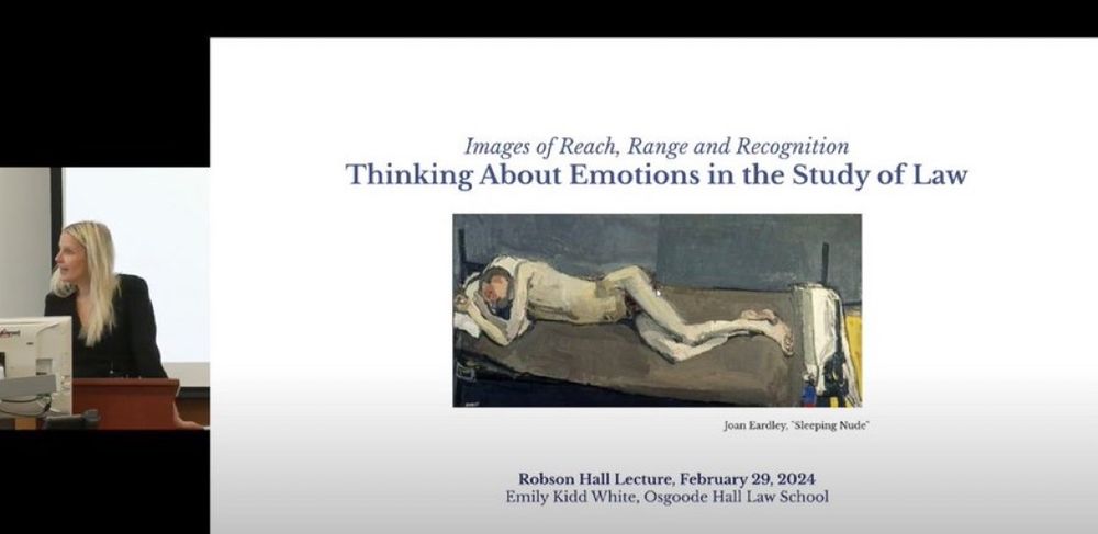 Photograph of Emily Kidd White lecturing. Slide of the lecture title, “Images of Reach, Range and Recognition: Thinking about Emotions in the Study of Law”